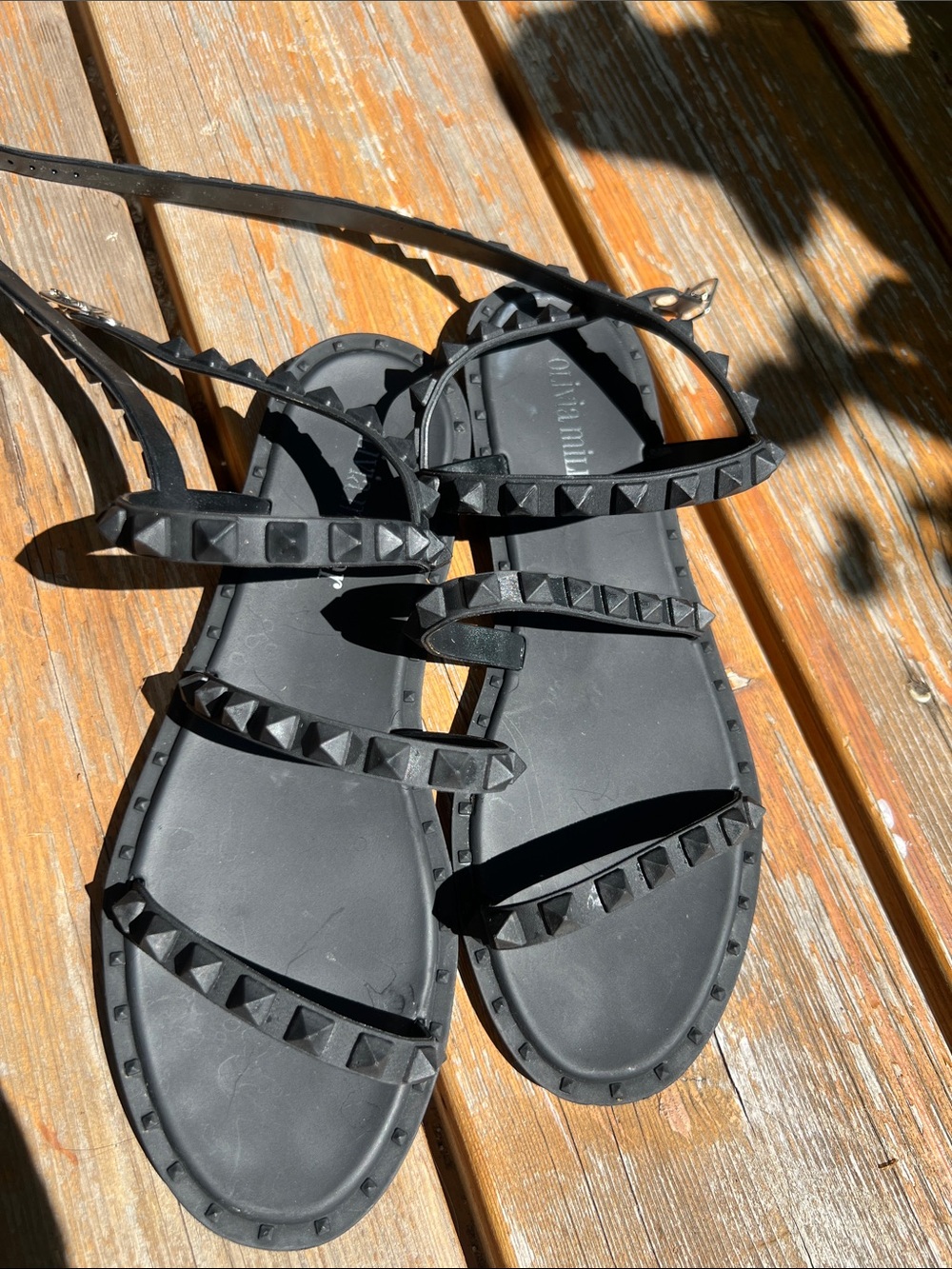 Olivia Miller Black Pyramid Stud Strappy Sandals